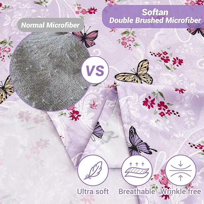 Paisley Floral Bed Sheets Queen Set, Purple Flower Printed Sheets for Queen Size Bed, Microfiber Fitted Sheet with 15" Deep Pocket and Corner Straps, Butterfly Patterned Sheet & Pillowcase Sets