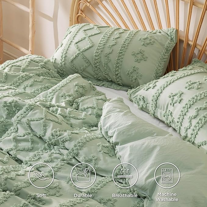 Bedsure Boho Duvet Cover King Size, Soft & Comfortable Elegant Design Boho Bedding for Decoration, Machine Washable Comforter Cover for All Seasons,Includes 1 Duvet Cover & 2 Pillow Shams,Light Green