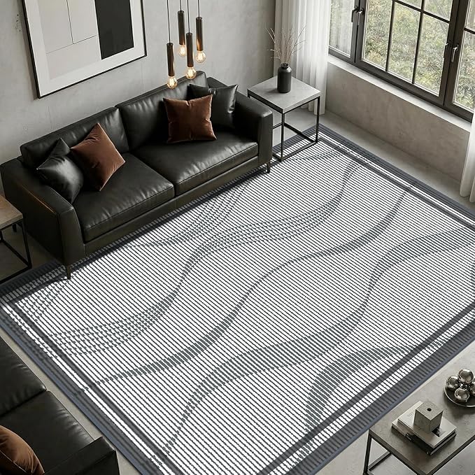 Merelax 6x9 Area Rugs for Living Room - Washable Non-Slip Large Bedroom Rug, Indoor Floor Carpet Low Pile Soft Farmhouse Rug for Dining Room, Mudroom, Modern Aesthetic Geometric Decor, Dark Grey