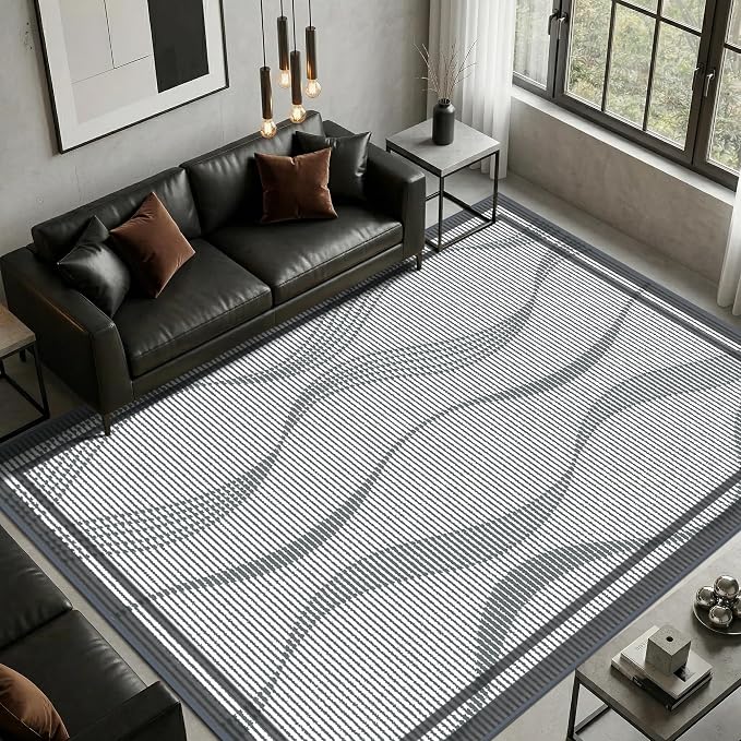 Merelax 6x9 Area Rugs for Living Room - Washable Non-Slip Large Bedroom Rug, Indoor Floor Carpet Low Pile Soft Farmhouse Rug for Dining Room, Mudroom, Modern Aesthetic Geometric Decor, Dark Grey