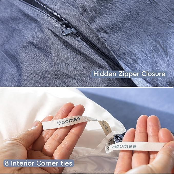 MooMee Bedding Duvet Cover Set 100% Washed Cotton Linen Like Textured Breathable Durable Soft Comfy (Heathered Blue, Super Queen 90"x98")