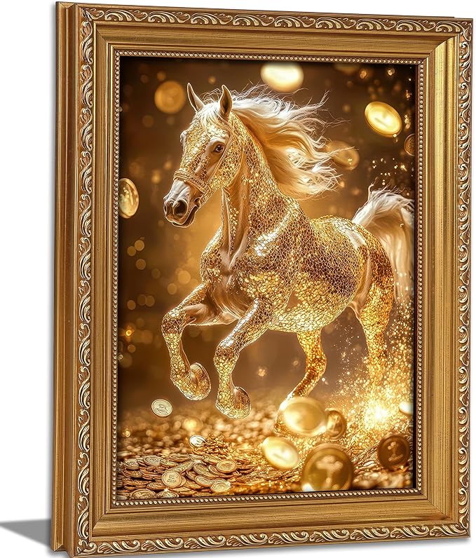 Vintage Gold Framed Gold Horse wall art Golden Money and Horse Wall Decor Wealth and Horses print artwork for office Business People Living Room home decor 9X11in