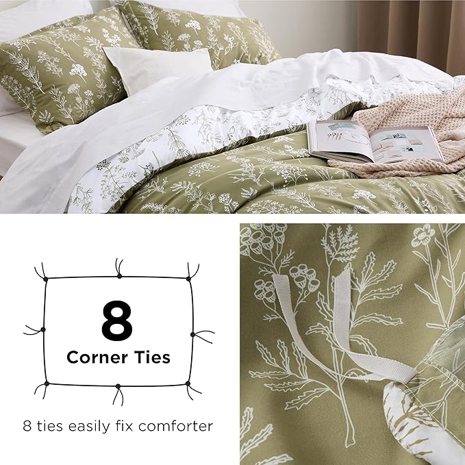 Bedsure Duvet Cover King Size - Reversible Olive Green King Duvet Cover Set with Zipper Closure, 3 Pieces Floral Patterned Bedding Set with 8 Corner Ties and 2 Pillow Shams