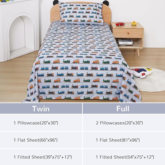 Viviland 4 Pieces Boys Grey Full Sheet Set - Soft Microfiber Fitted Flat Sheets & Pillowcases - Retro Train Print Bedding Sets- for Kids & Toddlers