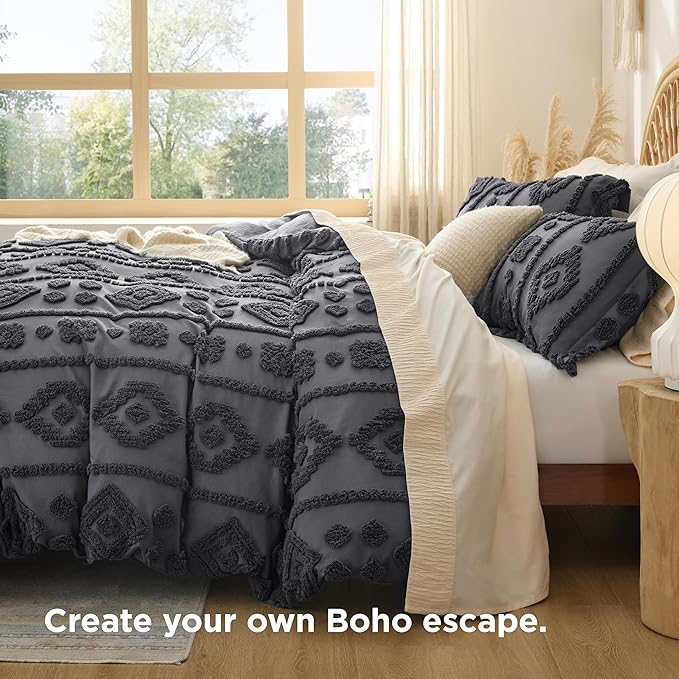 Bedsure Boho Duvet Cover King - Dark Grey Tufted Boho Bedding, Farmhouse Shabby Chic Embroidery Bedding for All Seasons, 3 Pieces, 1 Soft Jacquard King Comforter Cover and 2 Pillow Shams