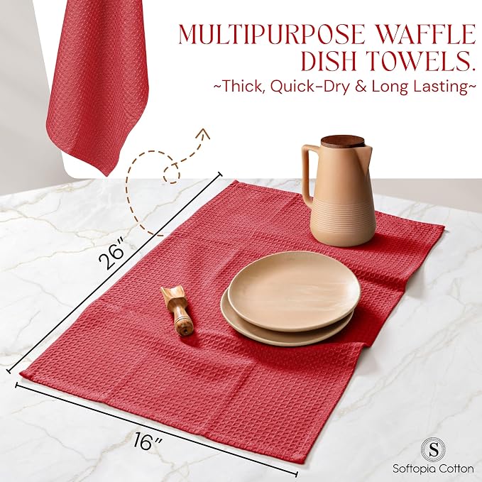 Red Waffle Kitchen Dish Towels, 100% Cotton, Quick Dry, Super Absorbent, Soft, Lint-Free, 16x26 Inches - Ideal for Dish Drying, Bar, Tea, Cleaning, and Everyday Use, 12 Pack