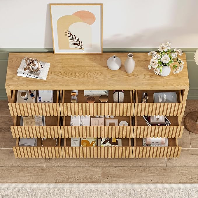 Long Dresser for Bedroom, Large Fluted Dresser with 9 Drawers, 58" Wide Modern Chest of Drawers, Wood Closet Clothes Storage Organizer, Wooden TV Stand for Living Room, Boho, Natural Oak