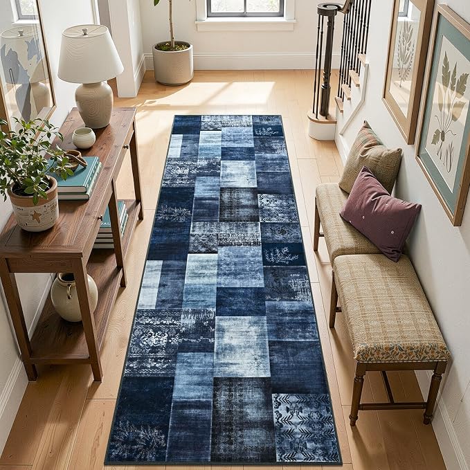 Tepook Modern Runner Rug for Living Room, 2x6 Washable Rugs for Bedroom Hallway, Geometric Patchwork Runner Rug Non-Slip Indoor Throw Carpet for Entryway Kitchen Office Home Decor, Blue