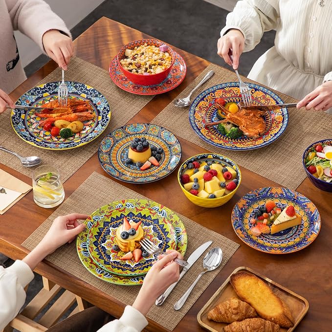 vancasso 18 Pieces Plates and Bowls Set, Bohemian Style Dinnerware Sets Service for 6, Porcelain Boho Dishes Set for Kitchen, Housewaring Gift, Dishwasher and Microwave Safe, Series KRVI