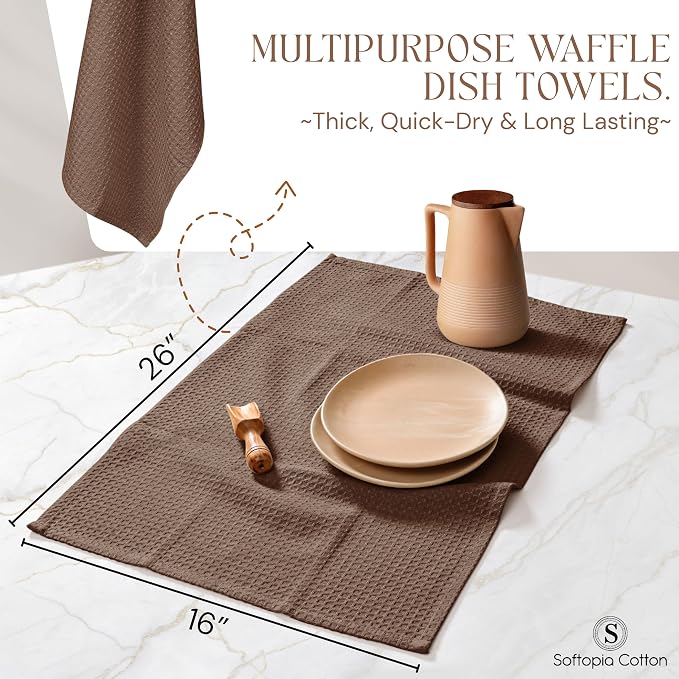 Brown Kitchen Towels – Waffle Weave, 100% Cotton, Soft & Absorbent, Fast Dry, Durable, 16x26 Inches, Perfect for Dish Drying, Bar, Cleaning, Hand Wipe and Everyday Use, Set of 12