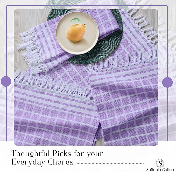 Matrix Dobby Kitchen Towels 4 Pack, 16x26 Inches, 100% Cotton, Absorbent Reusable Dish Cloths with Handmade Tassels, Washable Hand Towels for Drying - Lavender, White