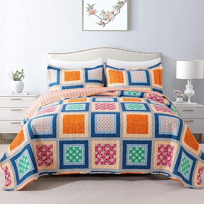 HoneiLife Quilt Set Queen Size - Retro Bedspreads 3-Pieces,Lightweight Coverlets for Queen Bed,Patchwork Bed Cover, Queen Quilt Bedding Set All Season Quilts-Orange