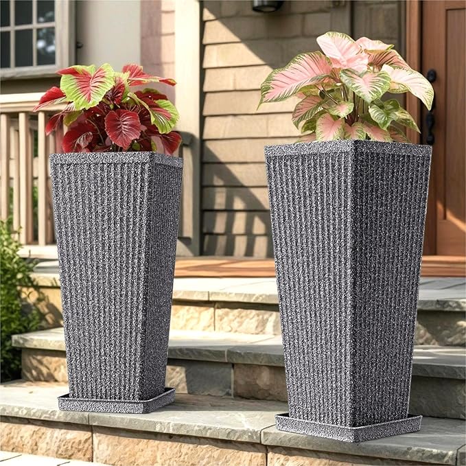 Tapered Tall Planters for Outdoor Plants 2 Pack- 23.6 Inch Heavy-Duty Classic Square Indoor Flower Pots with Drainage Holes/Partition/Tray, Large Outdoor Planters for Porch Patio, Gray