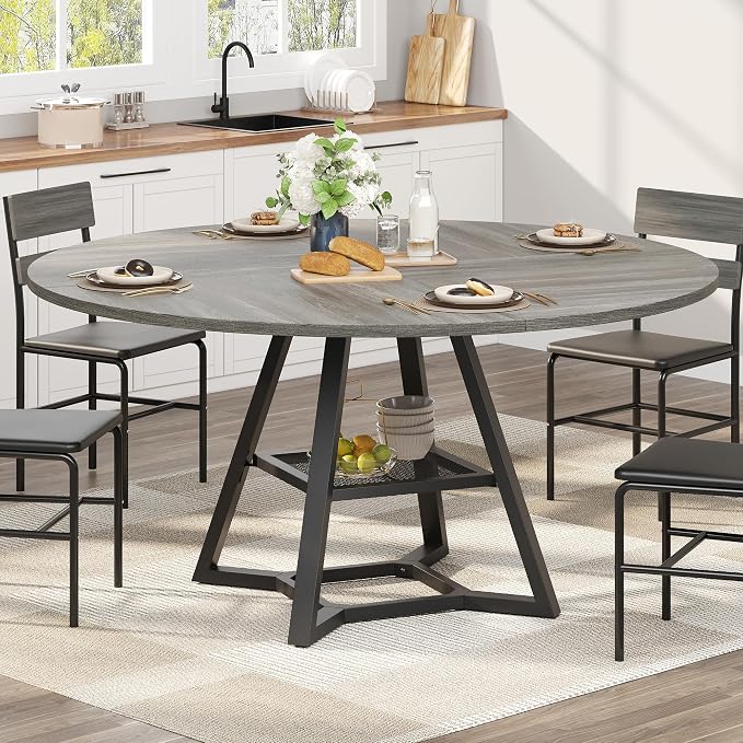 knoworld 51'' Round Dining Table, Kitchen Tables Dining Room Circle Dinner Table with Pedestal Metal Frame, Space Saving Wood Industrial Kitchen & Dining Room Tables, Grey 51In