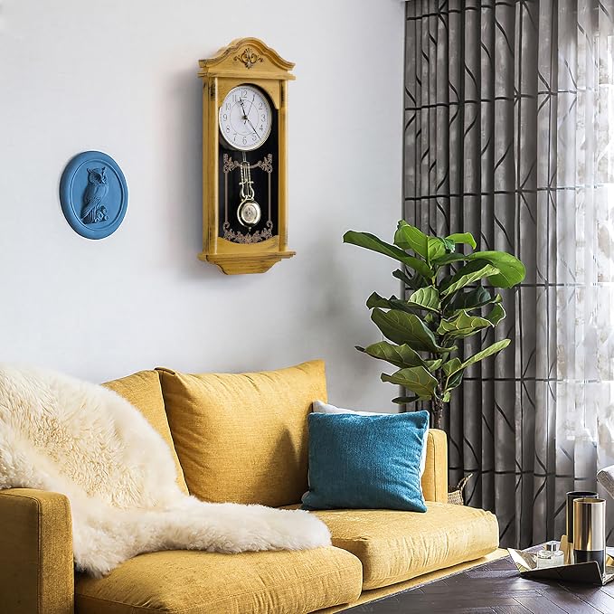 Clockswise Vintage Grandfather Wood - Looking Plastic Antique Pendulum Wall Clock for Living Room Decor, Kitchen, Office, Or Dining Room, Silent Wall Mount Battery-Operated (Yellow)