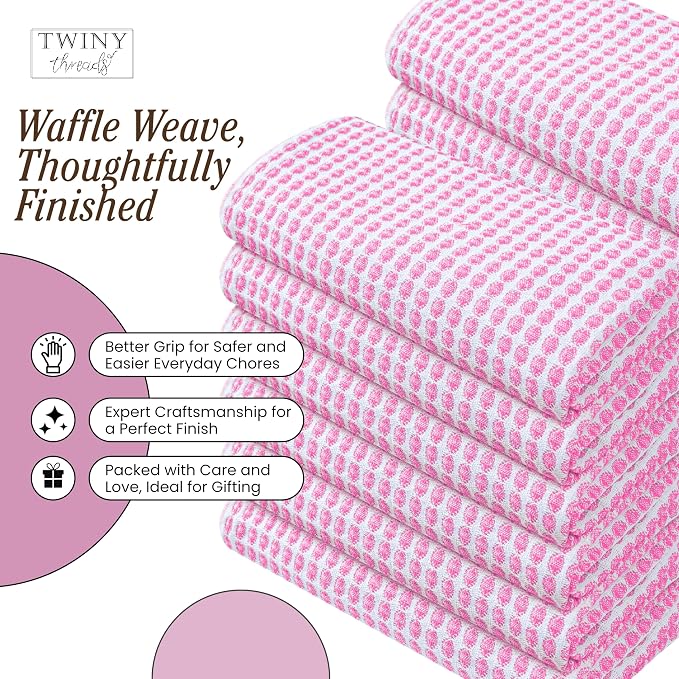TWINY threads Circle Waffle Kitchen Dish Towels 4 Pack, 16x26 Inch, 100% Cotton, Absorbent, Lightweight, Quick Drying, Multi Purpose Wash Rags, Suitable for Crafting, Embroidery, Household, Baby Pink