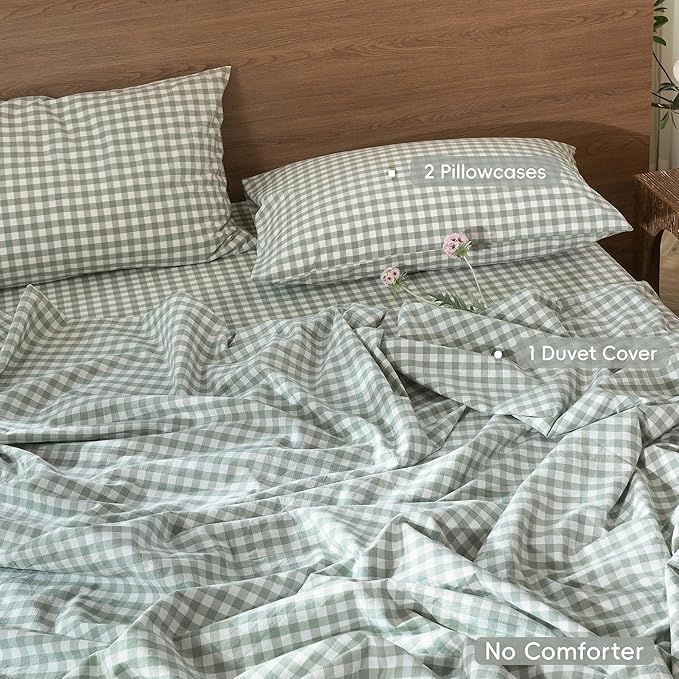MooMee Gingham Duvet Cover Set 100% Washed Cotton Linen Like Textured Breathable Durable Soft Comfy Modern Checkered Design (Sage Green Gingham, Oversized Queen 98"x98")