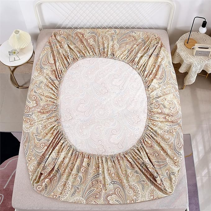 RYNGHIPY Luxury Floral Print Sheets Sets Silky Long Staple Egyptian Cotton Flowers Khaki Bedding Sheet Collections (Khaki,Full Size)
