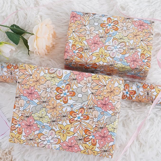 RayofSun Floral Wrapping Paper Roll 17 in x 32ft Mini Roll Boho Vintage Flower Gift Wrap All Occasion Wedding Birthday Bridal Shower Party Baby Shower Christmas