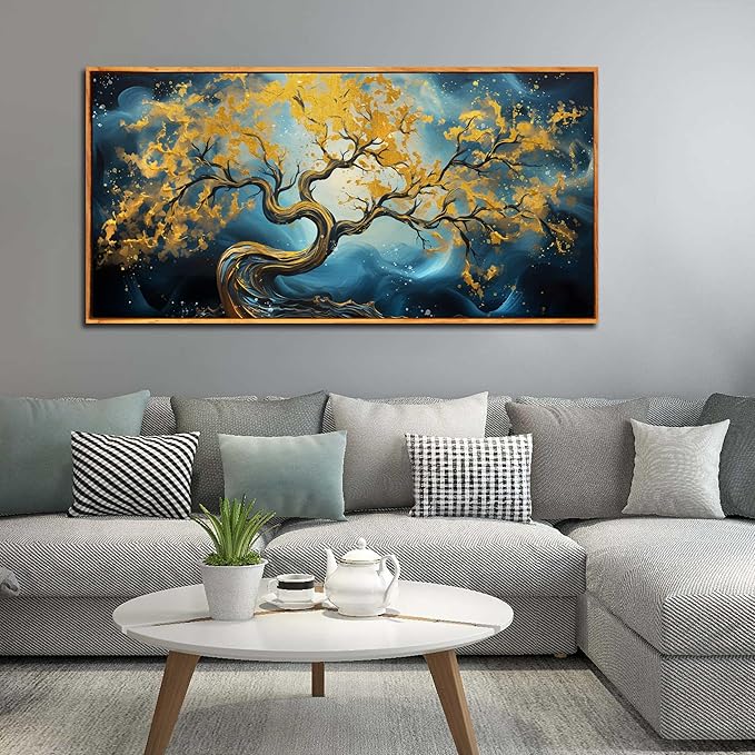 Gold Trees Canvas Painting Wall Art Living Room - Abstract Office Wall Art with Wooden Picture Frames Ready to Hang Size 29" x 59"