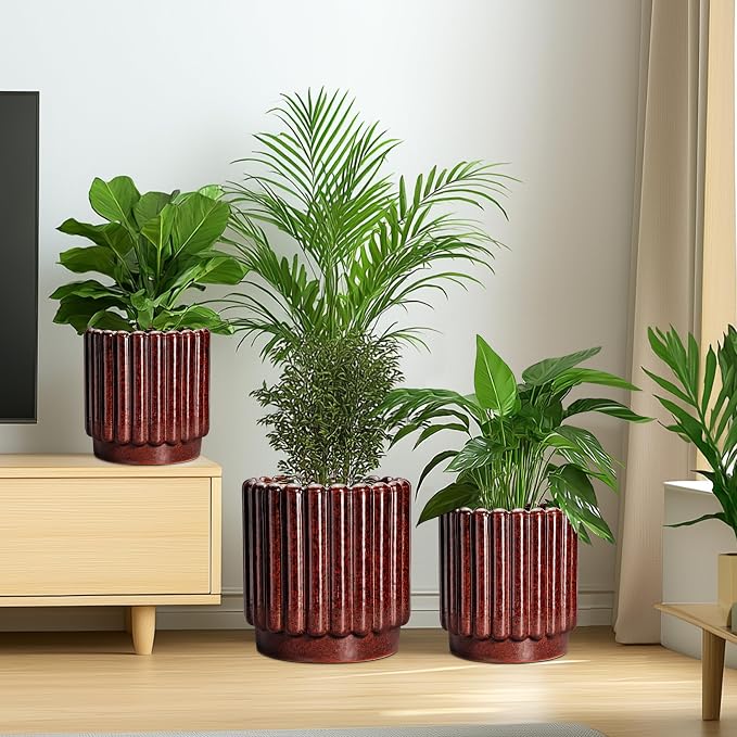 Ceramicfor Ceramic Pots for Plants - 7.6 Inch Indoor Planter, Decorative Plant Pots with Drainage Hole, Fluted Ceramic Flower Pots, Round Planter Outdoor, Patio Decor, Gifts for Plant Lovers, Red
