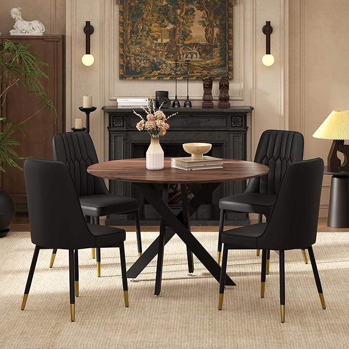 RGZ Mid Century Round Dining Table Set for 4, 36" Small Walnut Wooden Circle Kitchen Table & 4 Black PU Leather Kitchen Chairs, Dinner Table Set for Home, Apartment, Kitchen