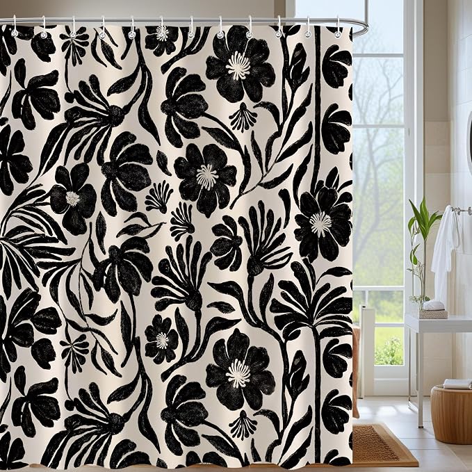 Black Boho Vintage Floral Shower Curtain，Mid Century Modern Retro Cute Abstract Flower Leaves Aesthetic Bathroom Decoration，Polyester Fabric Waterproof Bath Curtain 72x72 Inch with 12 Hooks