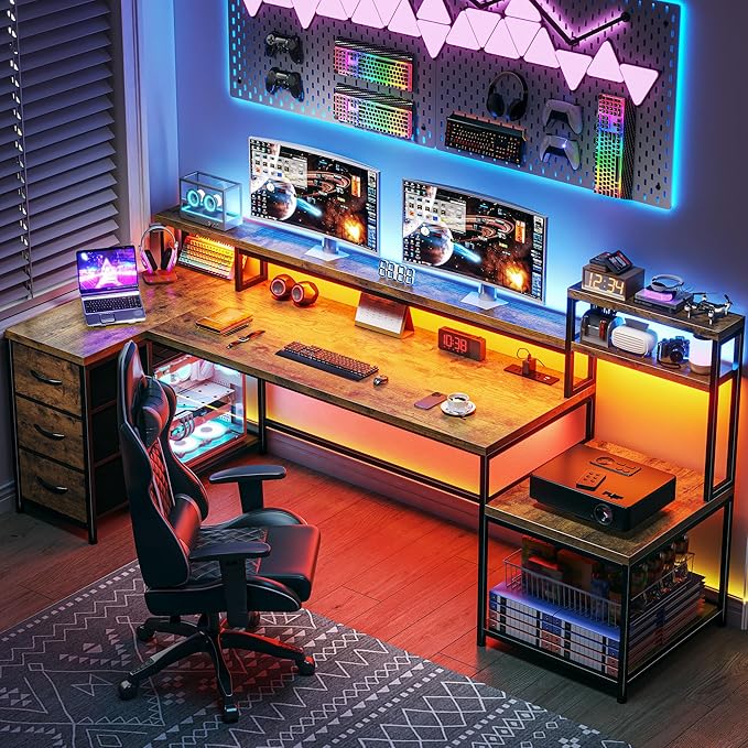 EnHomee 71" L Shaped Computer Desk with 3 Drawers & Hutch,Reversible Gaming Desk with LED Lights & Power Outlet,Home Office Desks with Monitor Stand & Printer Shelf for Student School Rustic Brown