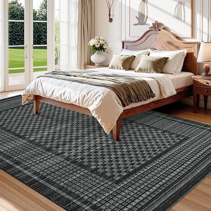 Large Area Rug 10x13 Rug for Living Room Modern Black Checkered Washable Bedroom Rug Farmhouse Non Slip Throw Rugs Soft Low Pile Stain Resistant Carpet for Dining Room Department 10'x13'