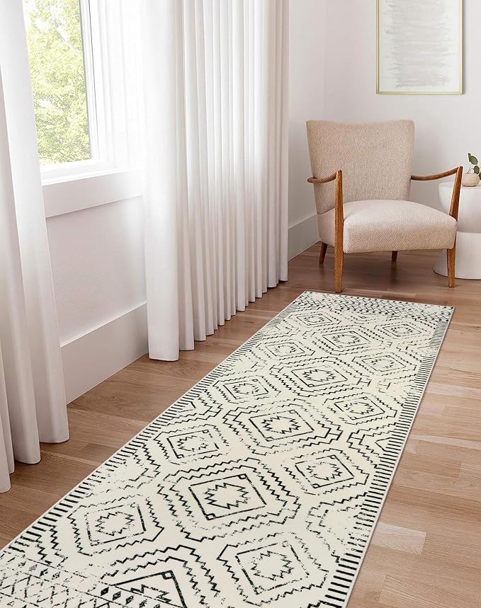 Wonnitar Moroccan Runner Rugs for Hallway 2'6"x10', Washable Non-Slip Extra Long Rug Runner Carpet for Kitchen, Boho Low Pile Throw Mat for Laundry Room Bedroom Bathroom (Beige,2'6"x10')