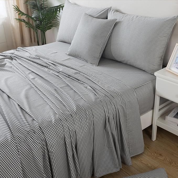 FADFAY Black Plaid Twin XL Size Sheets 100% Cotton Geometric Checker Bedding Teens Grid White Gingham Pattern College Bedding Deep Pocket Sheets with 2 Pillowcases Ultra Soft 4pcs, Twin Extro Long
