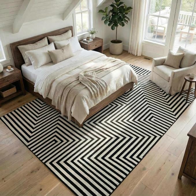 Washable Modern Lines Rug 9x12 Area Rug for Living Room Neutral Modern Geometric Rugs Low Pile Soft Bedroom Carpet Thin Foldable Abstract Floor Carpet for Dining Kids Room Playroom, Black