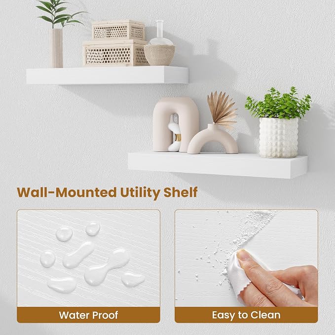 Fun Memories Floating Shelves Bathroom for Wall Mounted Shelves, 20 Inch Wood Shelf Set of 2, Home Storage & Display Decor, White
