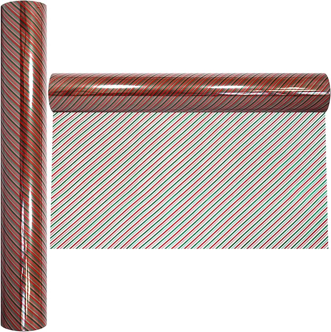 AnapoliZ Christmas Cellophane Wrap Roll | 100’ Ft. Long X 16” in. Wide | 2.3 Mil Crystal Clear Christmas Stripes Cellophane | Gifts, Baskets, Treats Wrapping Paper | Red and Green Stripes Cello Roll