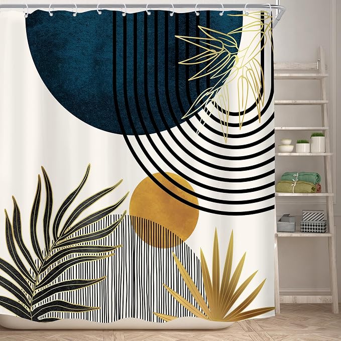 KOMLLEX Mid Century Blue Boho Shower Curtain 72Wx72L Inches Abstract Modern Blue Shower Curtains for Bathroom Decor Plant Botanical Minimalist Arch Sun Fabric Liner Waterproof Polyester 12 Pack Hooks
