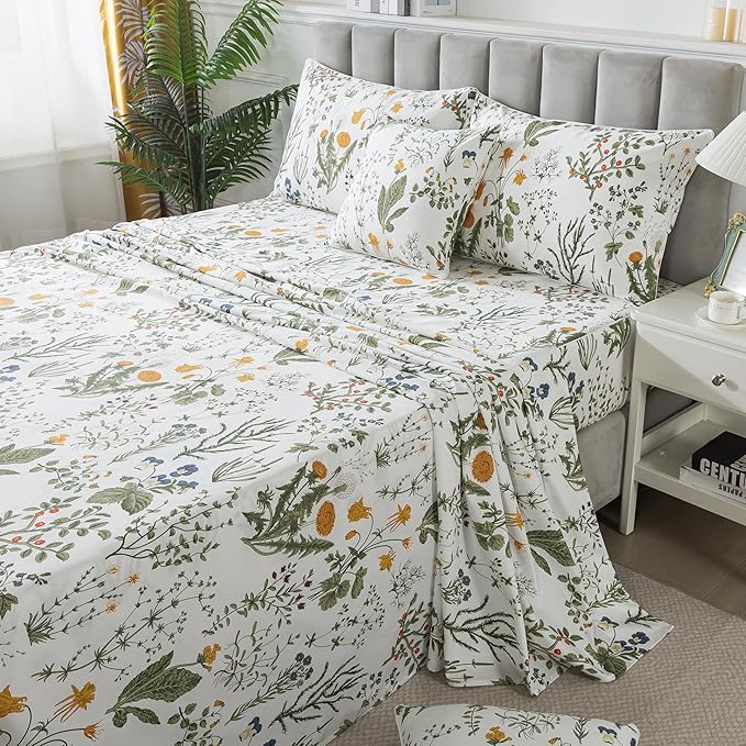 FADFAY 100% Egyptian Cotton Sheets Queen Botanical Printed Floral Sheets Yellow Flowers & Leaves Pattern Farmhouse Bedding Soft and Breathable French Country Bedding 4Pcs Deep Pocket Queen Sheet Set