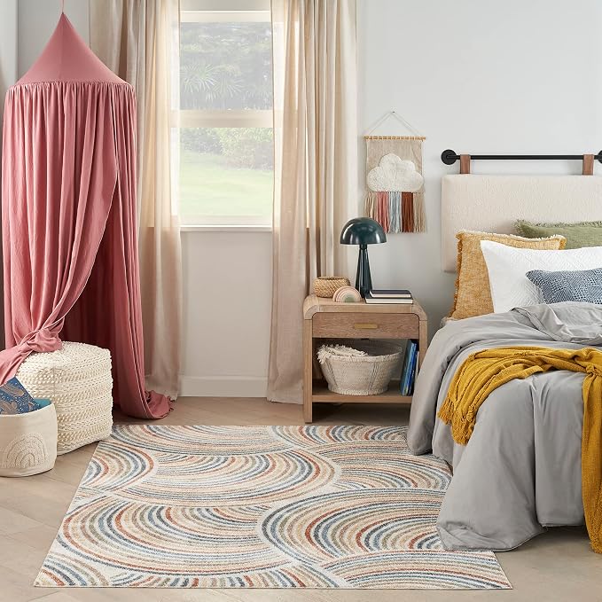Nourison Astra Machine Washable Mid-Century Modern Ivory/Multi 5'3" x 7' Area Rug, Easy -Cleaning, Non Shedding, Bed Room, Living Room, Dining Room, Kitchen (5x7)