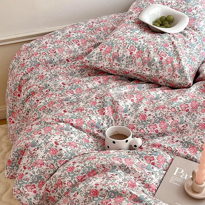 Duvet Cover Queen Pink Floral Bedding Set - Shabby Chic Boho Cotton Duvet Cover Set Queen Size - Breathable Comforter Cover with Zipper Ties,3 Piece Bed Set(1 Duvet Cover 90"x90" and 2 Pillow Shams)