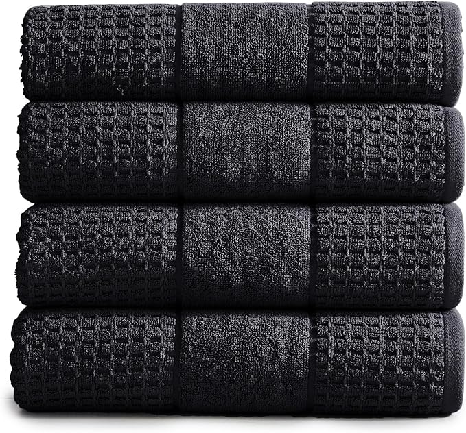 Market & Place 100% Cotton Super Soft Luxury Bath Towel Set | Quick-Dry and Highly Absorbent | Waffle Textured | 550 GSM | Includes 4 Bath Towels | Harper Collection (Black)