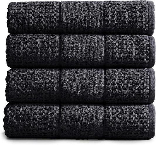 Market & Place 100% Cotton Super Soft Luxury Bath Towel Set | Quick-Dry and Highly Absorbent | Waffle Textured | 550 GSM | Includes 4 Bath Towels | Harper Collection (Black)