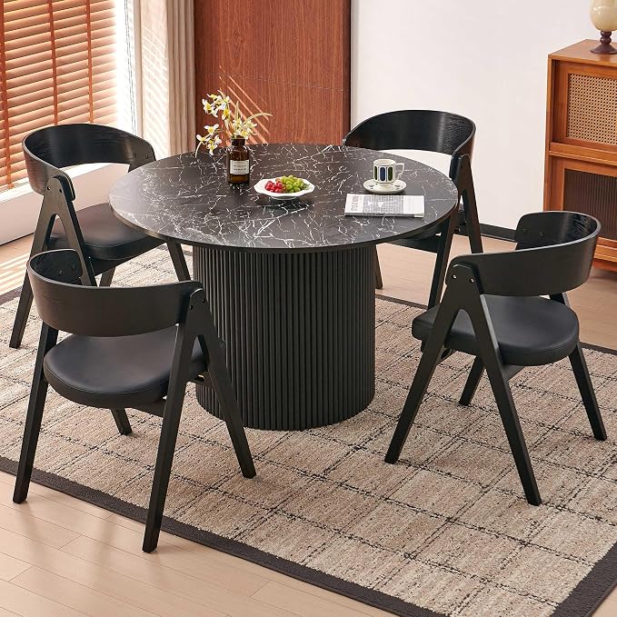 Homedot 47.24" Industrial Kitchen Dining Table Round for 4-6, Rustic Dining Table Circular with Two-Part Tabletop&MDF Pedestal Striped Base,Metal Frame Dinner Meeting Table, Black Marble Grain Look