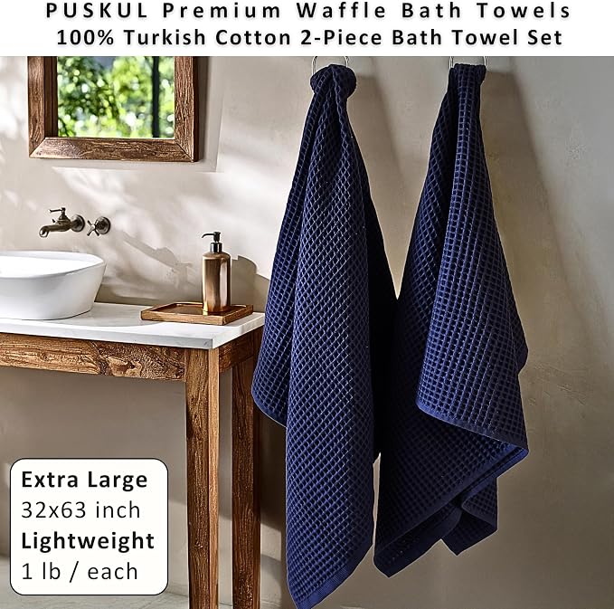 PÜSKÜL Natural 100% Turkish Cotton Navy Waffle Bath Towels Set of 2-Piece | 32x63 Extra Large Absorbent Quick-Dry Lightweight Spa Towel | Luxury Bathroom Towel (Navy Blue Bath Towels - Pack of 2)