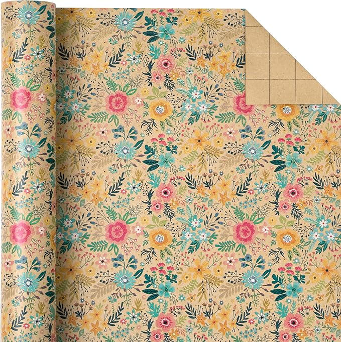 WRAPAHOLIC Kraft Floral Wrapping Paper Roll - Mini Roll - 17 Inch x 9.8 Feet - Spring Summer Garden Flower Design Perfect for Wedding, Bridal Shower, Birthday