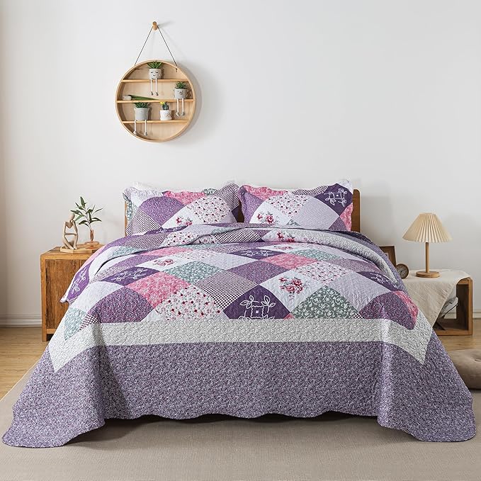 HoneiLife Quilt Sets King Size - 3 Pieces Microfiber Quilt Set Lightweight Bedspreads Reversible Coverlets Retro Bed Cover King Quilt Bedding Set All Season Quilts-Purple