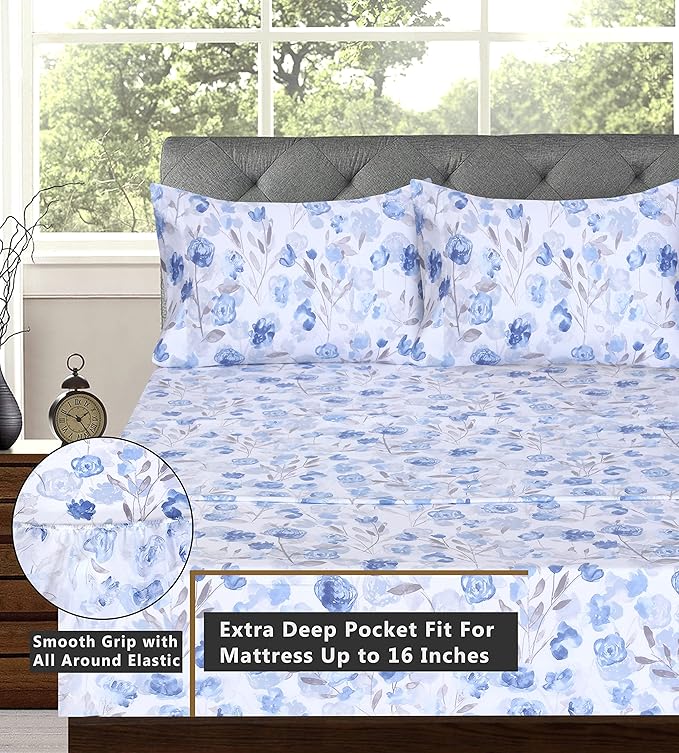 RUVANTI 100% Cotton King Size Sheets Set, 4 Pieces, Soft & Breathable Percale Weave Bedding, Deep Pocket 16", Hotel Standard, Crisp Cool Feel, Durable, Perfect Floral Bed Sheet, Monotones