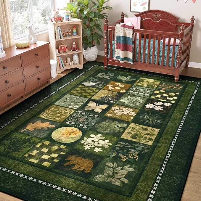 Tepook 4x6 Area Rugs for Living Room, Modern Large Geometric Rug for Bedroom, Washable Patchwork Rug Indoor Non Slip Throw Carpets for Dining Room Office Farmhouse Home Decor, Dark Green