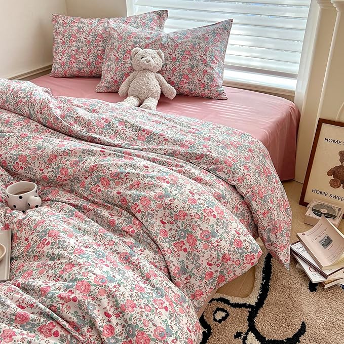 Girl Duvet Cover Twin Pink Floral Bedding Set - Shabby Chic Boho Cotton Coquette Duvet Cover Set Twin Size - Comforter Cover with Zipper Ties,3 Piece Bed Set(1 Duvet Cover 68"x86" and 2 Pillow Shams)