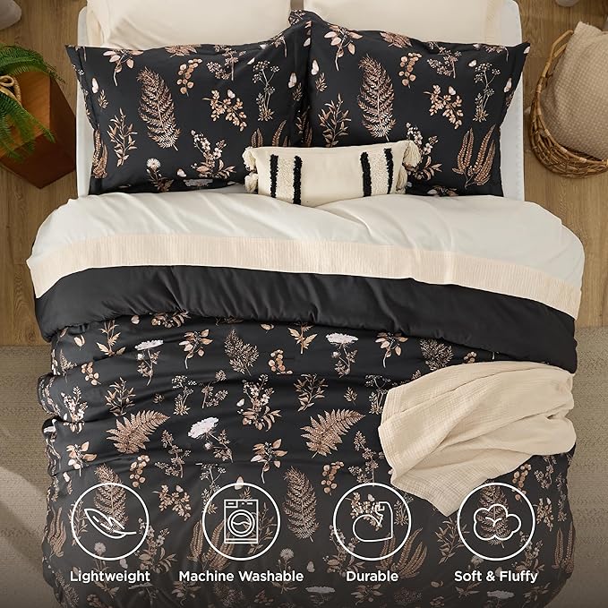 Bedsure Comforter Set King Size - Cute Floral Comforter, Black Bedding Comforter Sets, 1 Soft Reversible Botanical Flowers Comforter and 2 Pillow Shams