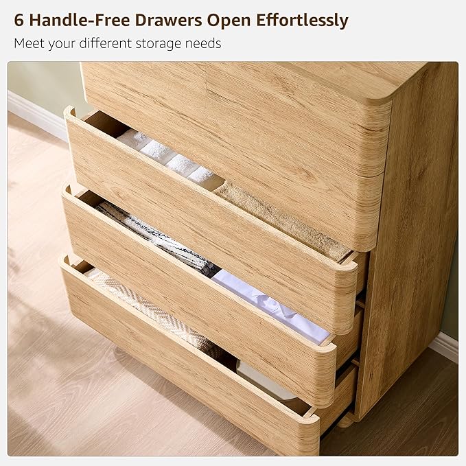 JXQTLINGMU 6 Drawer Dresser for Bedroom, 42" Tall Modern Push-to-Open Chest of Drawers, Wood Storage Organizer w/Curved Profile & Handleless Design for Bedroom, Living Room, Natural Oak