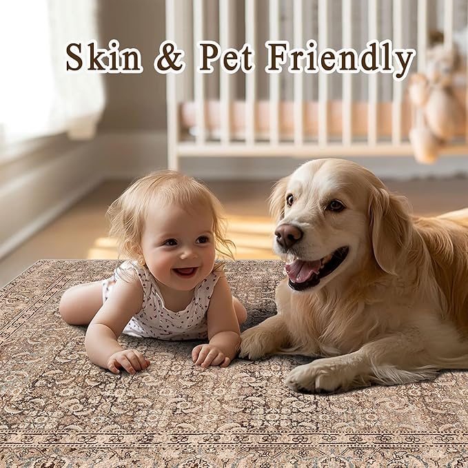 vivorug 5x7 Neutral Area Rugs - Ultra-Thin Washable Rug with Non-Slip Backing, Ideal for Living Room, Bedroom, Kitchen Floor Carpet - Vintage, Easy Clean, Durable, Sand/Antique